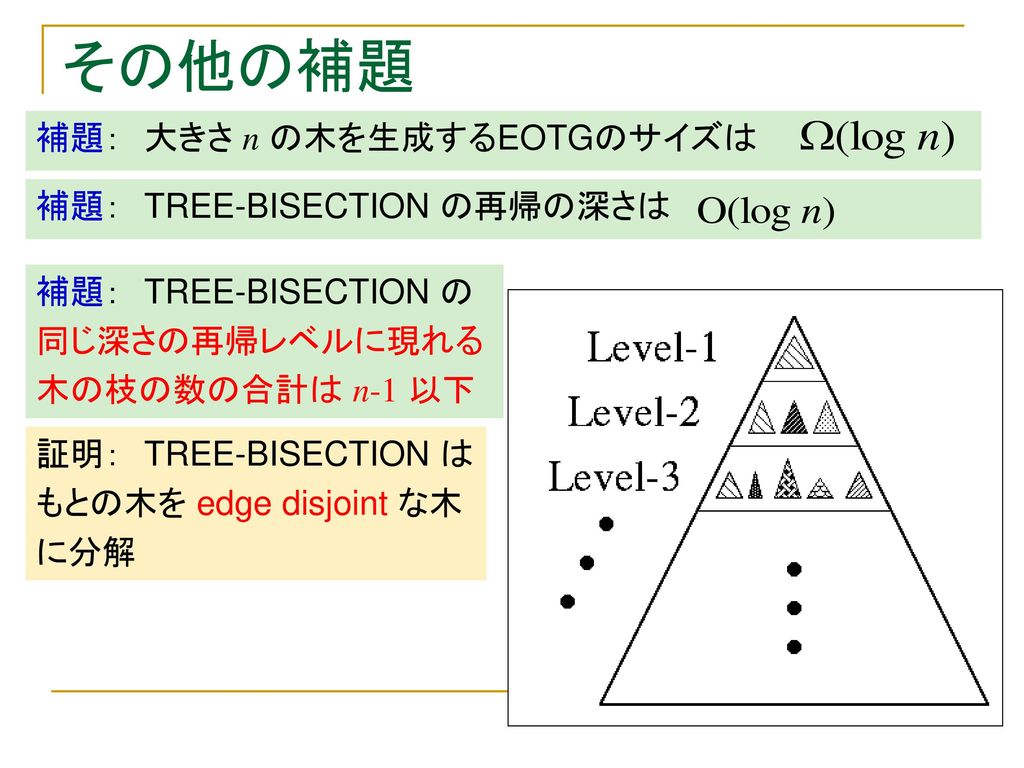 その他の補題 補題： 大きさ n の木を生成するEOTGのサイズは 補題： TREE-BISECTION の再帰の深さは