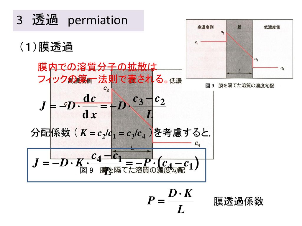 3 透過 permiation （１）膜透過 膜内での溶質分子の拡散は フィックの第一法則で表される。