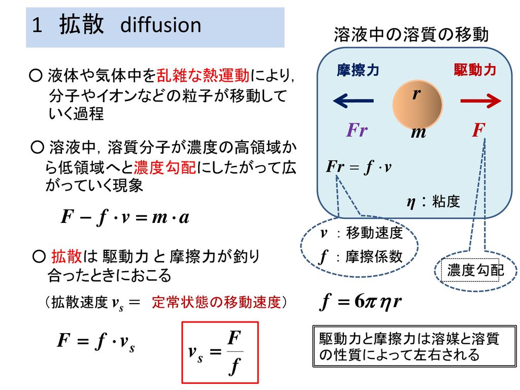 1 拡散 diffusion F Fr 溶液中の溶質の移動 η : 粘度 v ： 移動速度 f ： 摩擦係数