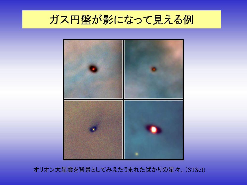 ガス円盤が影になって見える例 オリオン大星雲を背景としてみえたうまれたばかりの星々。（STScI)