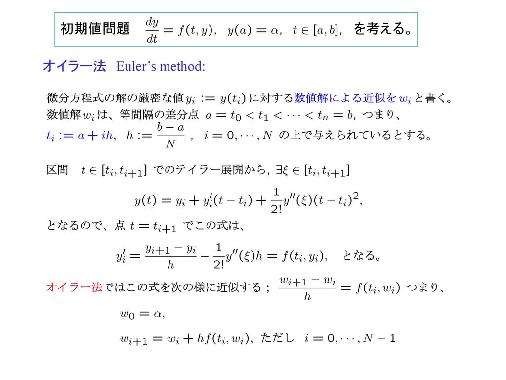 初期値問題 を考える。 オイラー法 Euler’s method:
