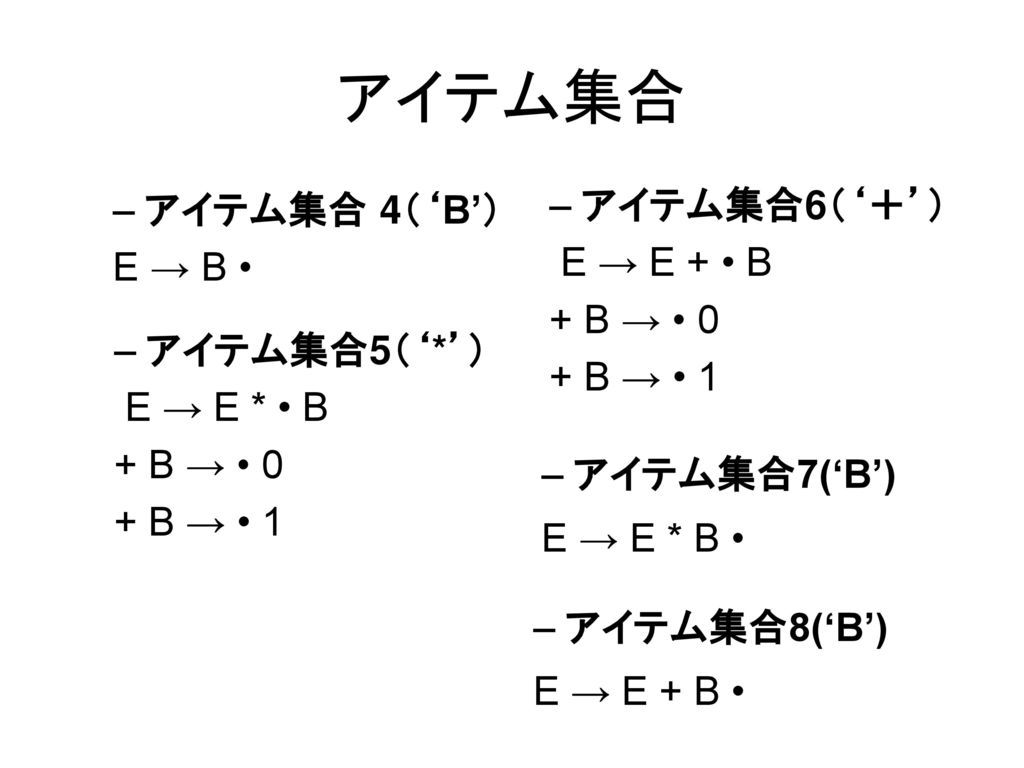 アイテム集合 アイテム集合6（‘＋’） アイテム集合 4（‘B’） E → E + • B E → B • + B → • 0