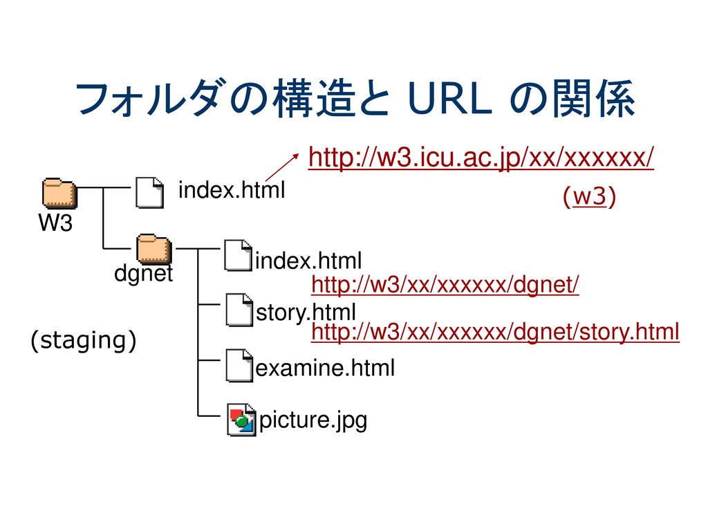 フォルダの構造と URL の関係   index.html (w3) W3