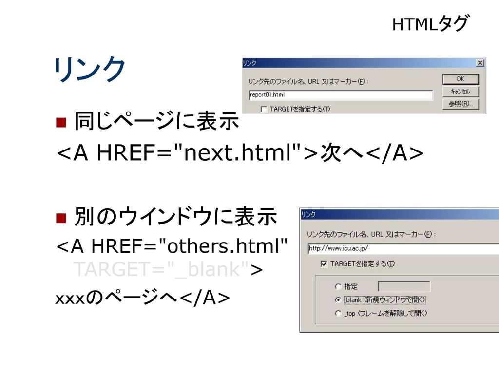 リンク 同じページに表示 <A HREF= next.html >次へ</A> 別のウインドウに表示