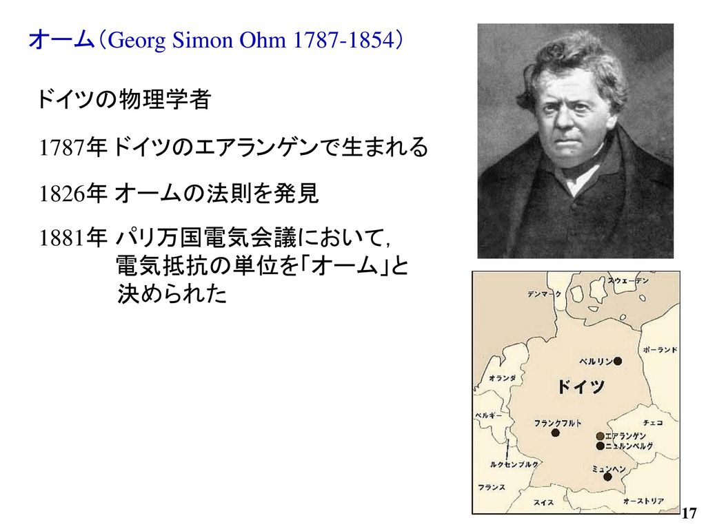 オーム（Georg Simon Ohm ） ドイツの物理学者. 1787年 ドイツのエアランゲンで生まれる. 1826年 オームの法則を発見. 1881年 パリ万国電気会議において，
