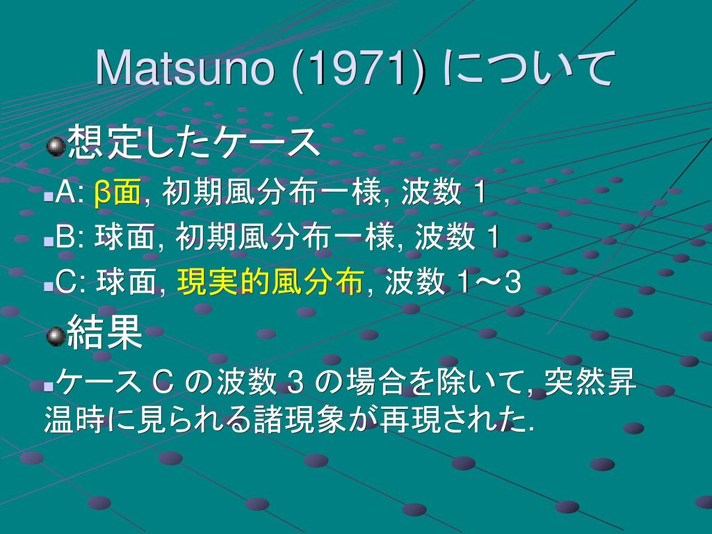 Matsuno (1971) について 想定したケース 結果 A: β面, 初期風分布一様, 波数 1