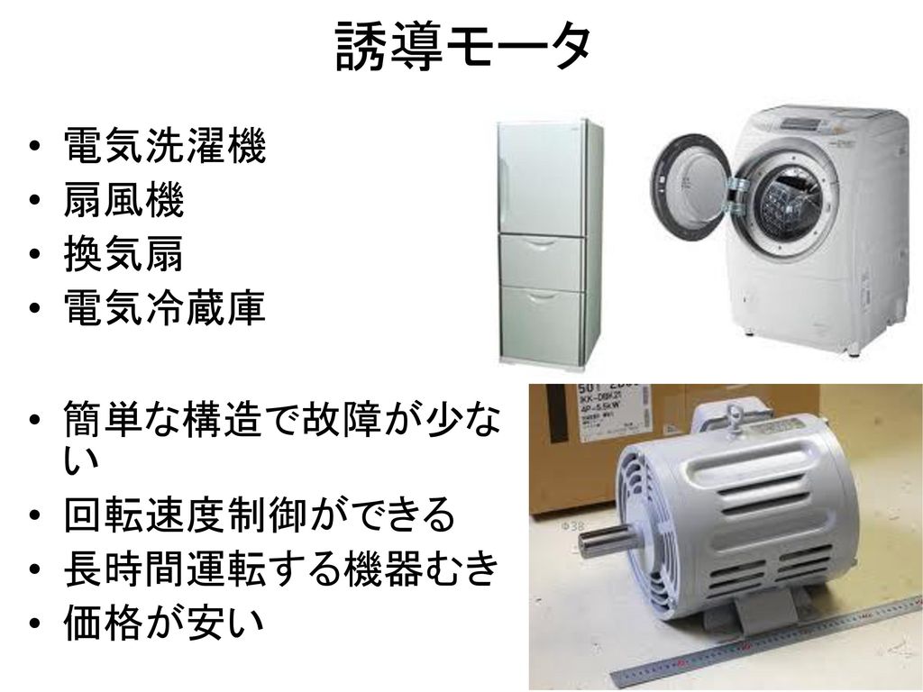 誘導モータ 電気洗濯機 扇風機 換気扇 電気冷蔵庫 簡単な構造で故障が少ない 回転速度制御ができる 長時間運転する機器むき 価格が安い