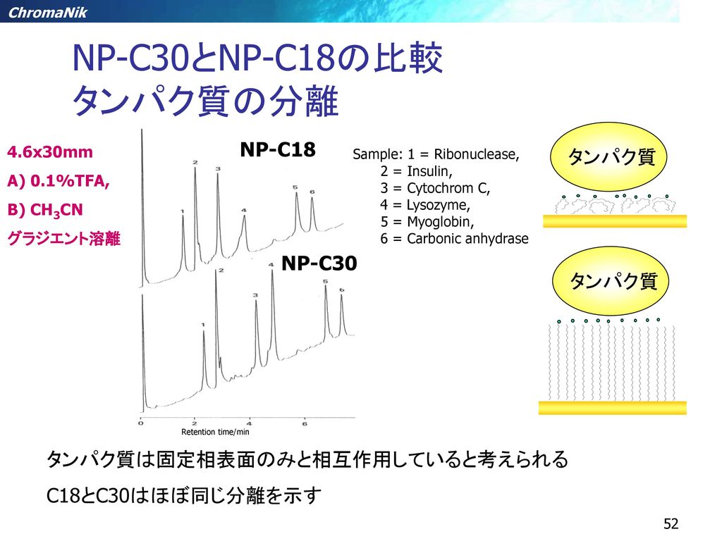 NP-C30とNP-C18の比較 タンパク質の分離