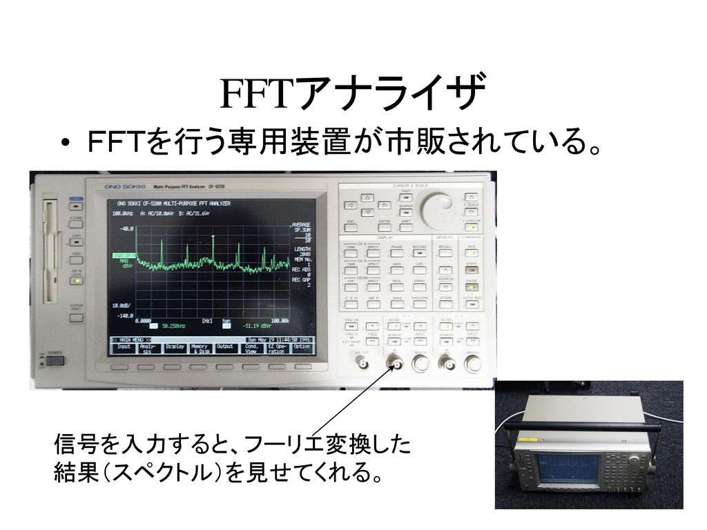 FFTアナライザ ＦＦＴを行う専用装置が市販されている。 信号を入力すると、フーリエ変換した 結果（スペクトル）を見せてくれる。