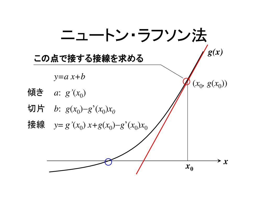 ニュートン・ラフソン法 g(x) この点で接する接線を求める y=a x+b 傾き a: g’(x0) (x0, g(x0))