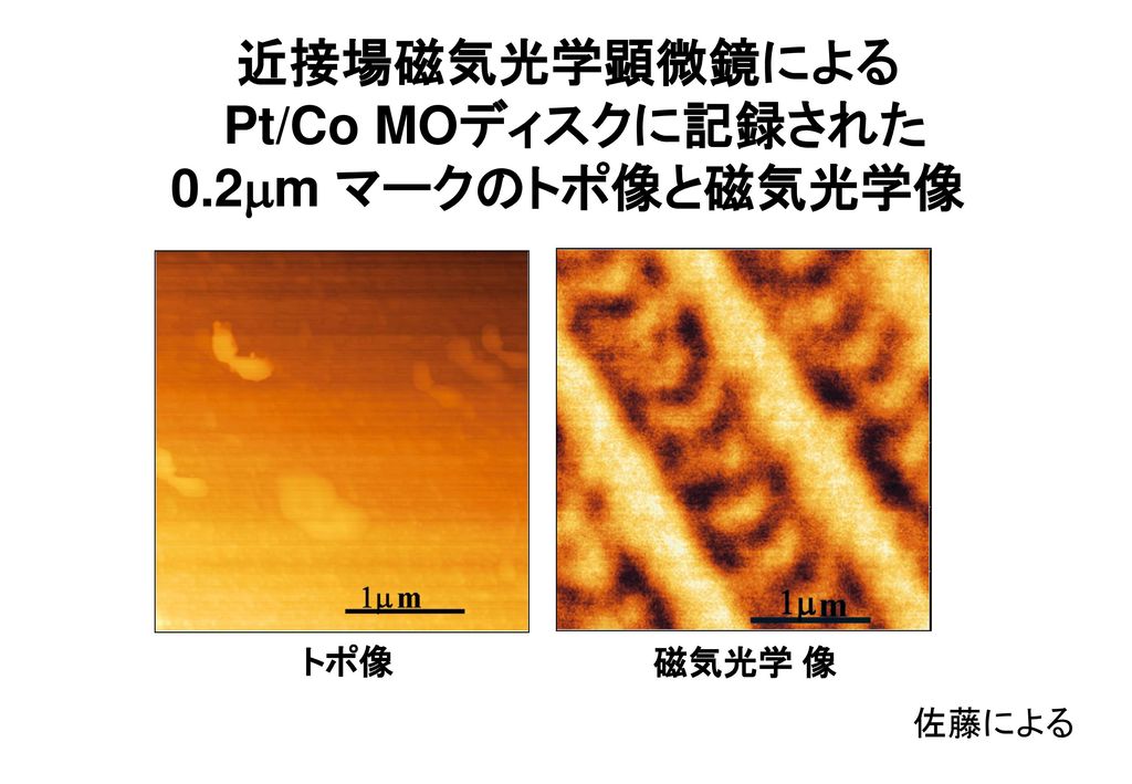 近接場磁気光学顕微鏡による Pt/Co MOディスクに記録された 0.2m マークのトポ像と磁気光学像