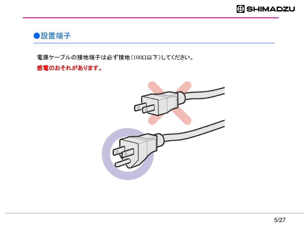 ●設置端子 電源ケーブルの接地端子は必ず接地（100Ω以下）してください。 感電のおそれがあります。