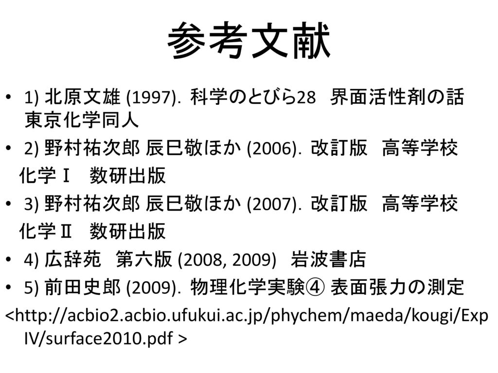 参考文献 1) 北原文雄 (1997)．科学のとびら28 界面活性剤の話 東京化学同人