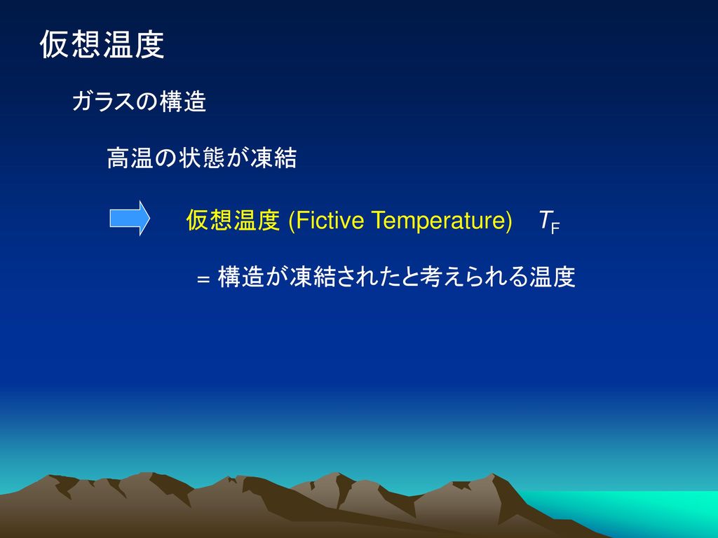 仮想温度 ガラスの構造 高温の状態が凍結 仮想温度 (Fictive Temperature) TF = 構造が凍結されたと考えられる温度