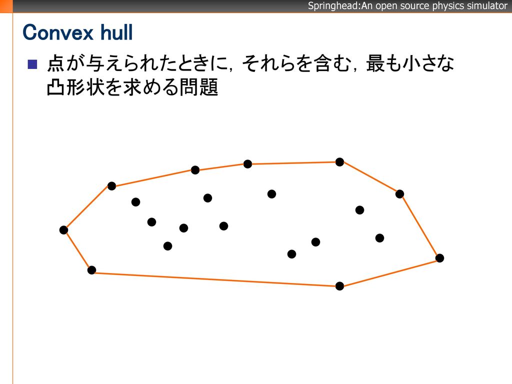 Convex hull 点が与えられたときに，それらを含む，最も小さな 凸形状を求める問題