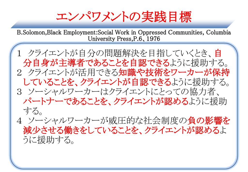 エンパワメントの実践目標 B.Solomon,Black Employment:Social Work in Oppressed Communities, Columbia University Press,P.6、1９76