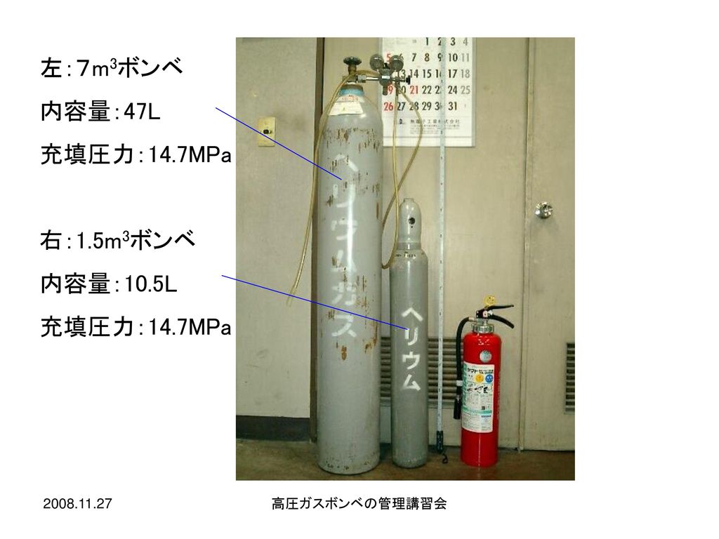 左：７m3ボンベ 内容量：47L 充填圧力：14.7MPa 右：1.5m3ボンベ 内容量：10.5L