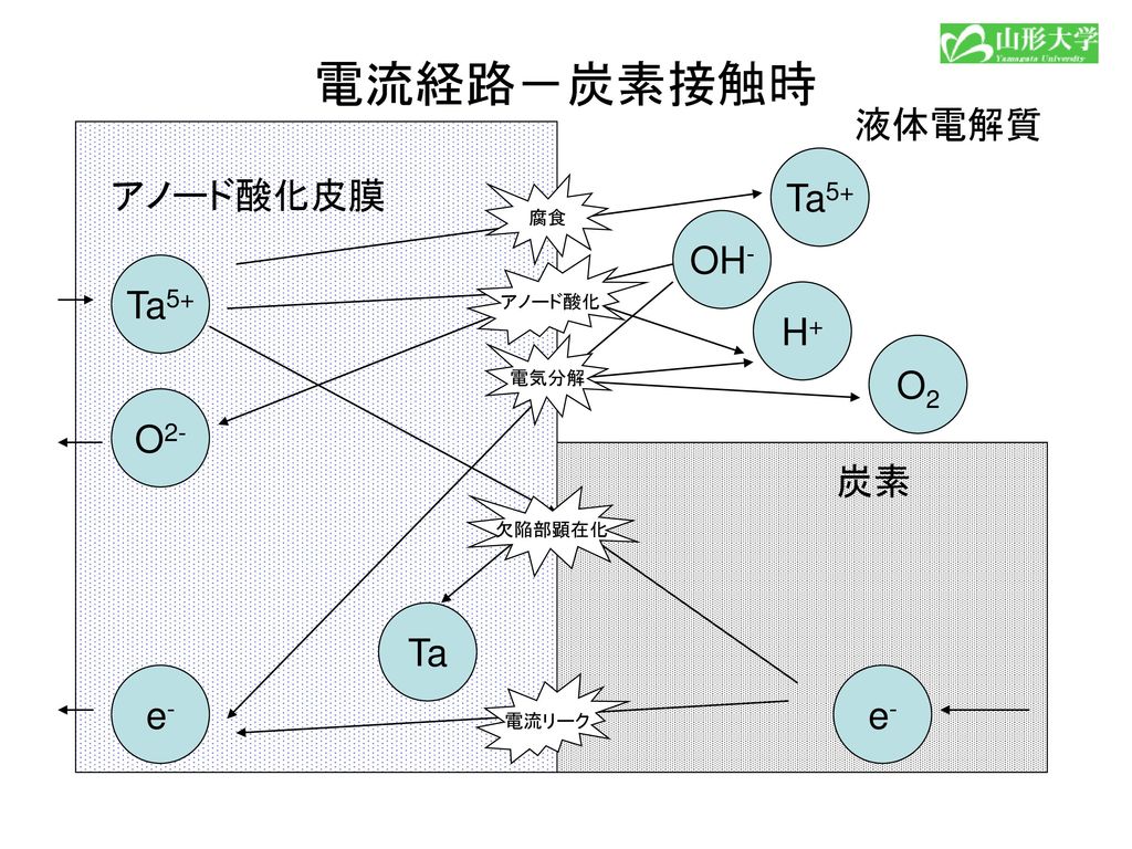 電流経路－炭素接触時 液体電解質 Ta5+ アノード酸化皮膜 OH- Ta5+ H+ O2 O2- 炭素 Ta e- e- 腐食