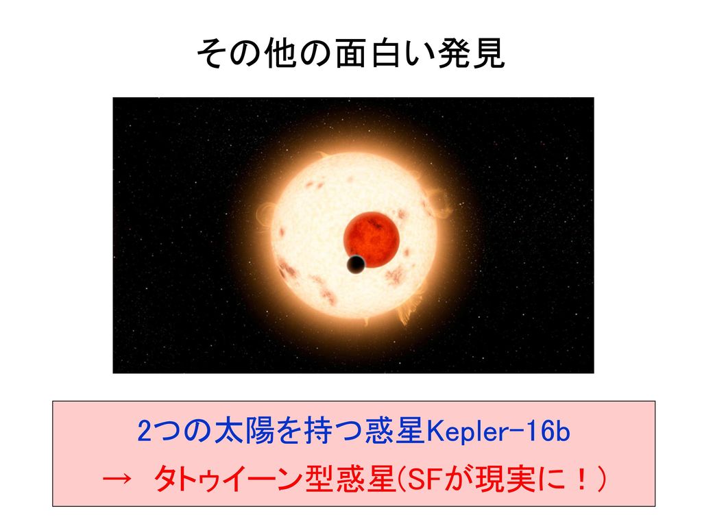 その他の面白い発見 2つの太陽を持つ惑星Kepler-16b → タトゥイーン型惑星(SFが現実に！)