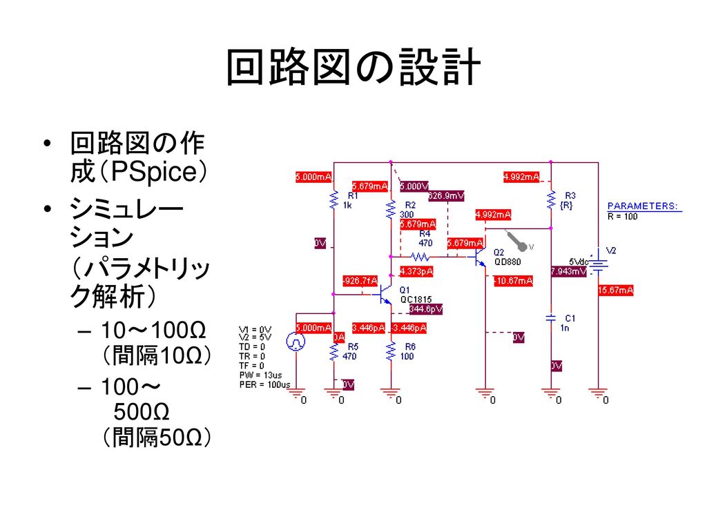 回路図の設計 回路図の作成（PSpice） シミュレーション （パラメトリック解析） 10～100Ω （間隔10Ω）