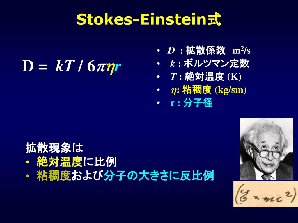 D = kT / 6phr Stokes-Einstein式 拡散現象は 絶対温度に比例 粘稠度および分子の大きさに反比例