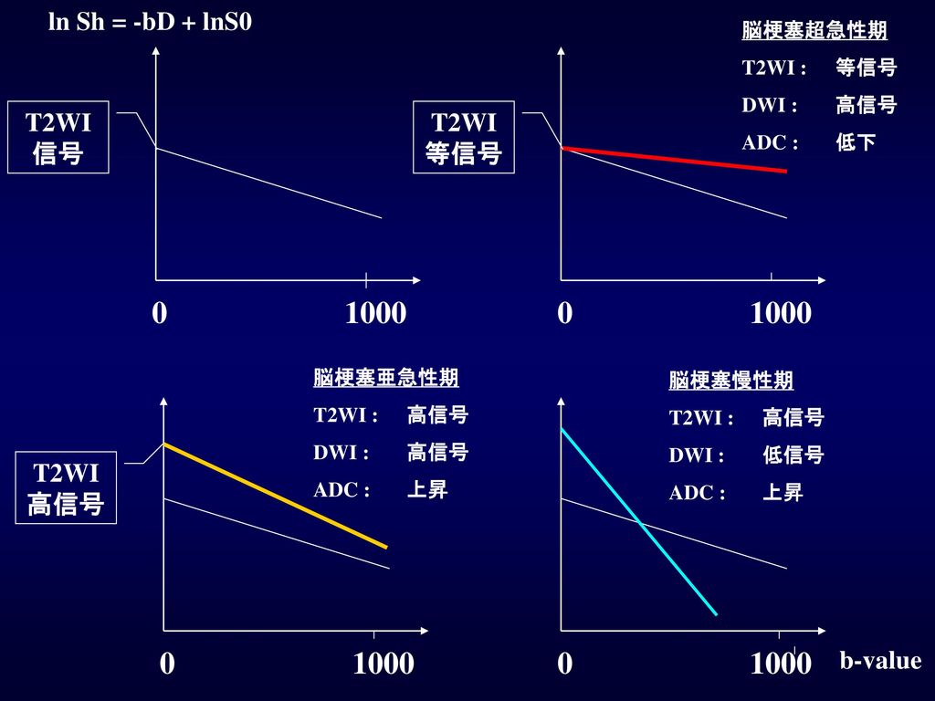 ln Sh = -bD + lnS0 T2WI等信号 T2WI信号 T2WI高信号 b-value