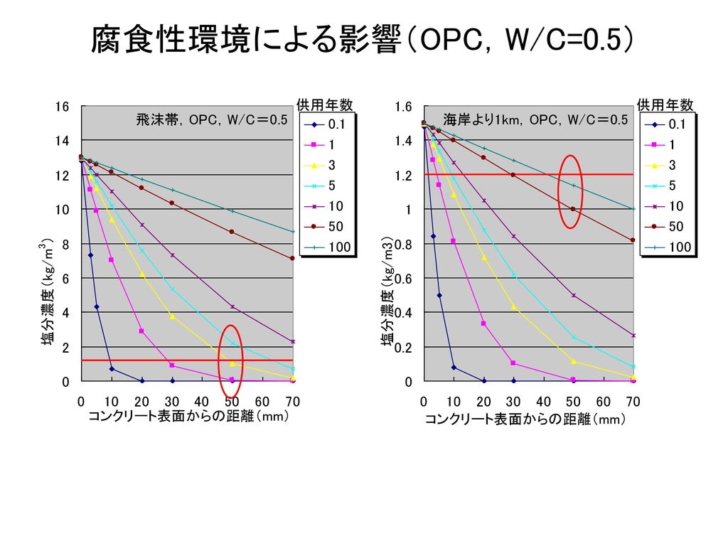 腐食性環境による影響（OPC，W/C=0.5）