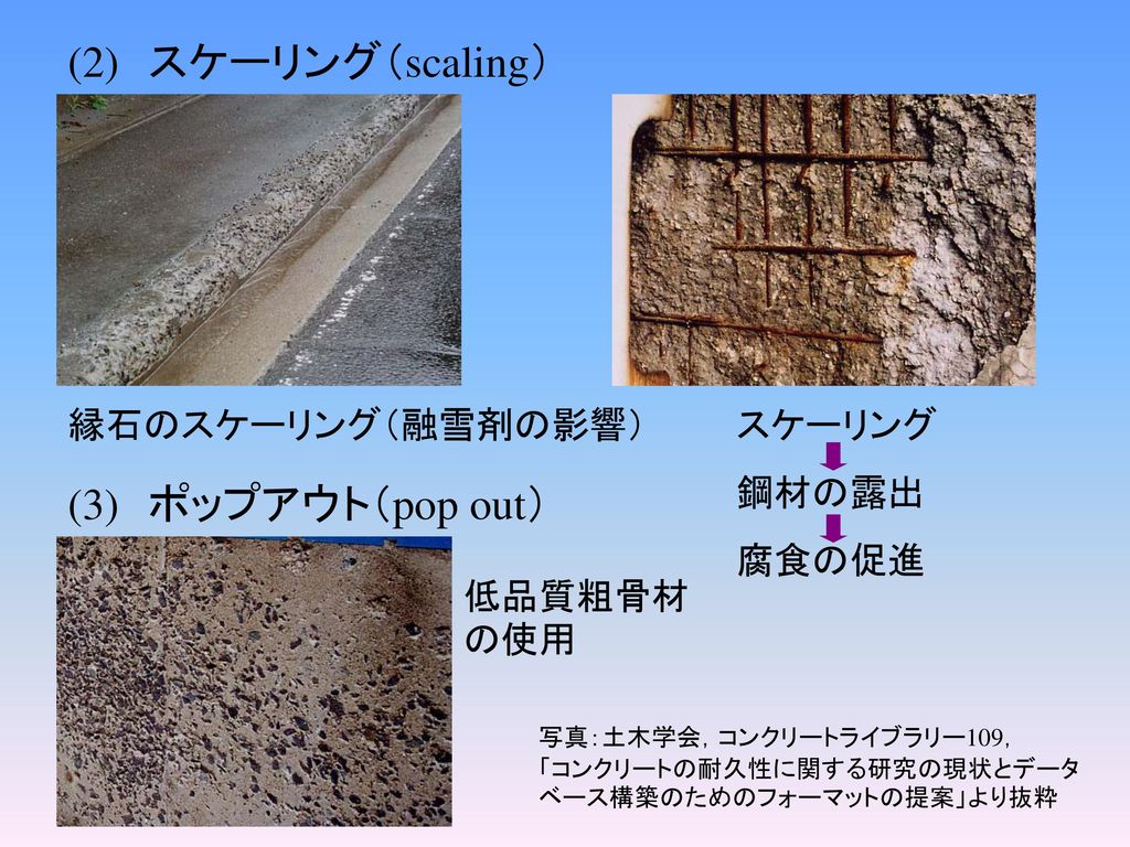 (2) スケーリング（scaling） (3) ポップアウト（pop out） 縁石のスケーリング（融雪剤の影響） スケーリング 鋼材の露出