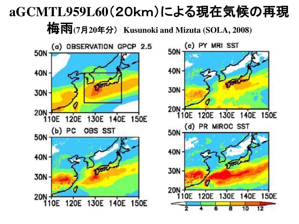 aGCMTL959L60（２０ｋｍ）による現在気候の再現 梅雨(7月20年分） Kusunoki and Mizuta (SOLA, 2008)