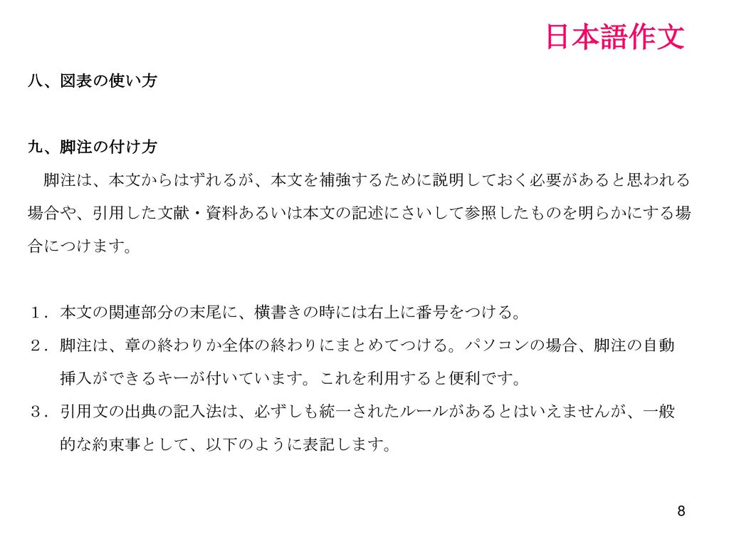 日本語作文 第五章 論文 卒業論文 の書き方 一 用紙 フォント 書式設定 ページ付け １ 用紙 サイズの用紙に マイクロソフト社の Word を使うこと ２ フォント 和文フォントはms明朝 欧文フォントはcourier New ３ 書式設定 いずれも１２ポイントを