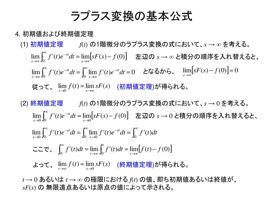 ラプラス変換の基本公式 4. 初期値および終期値定理 (1) 初期値定理