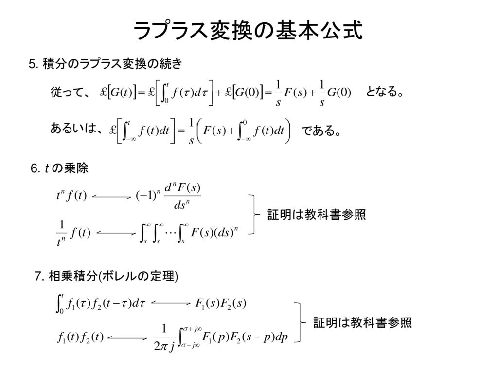 ラプラス変換の基本公式 5. 積分のラプラス変換の続き 従って、 となる。 あるいは、 である。 6. t の乗除 証明は教科書参照