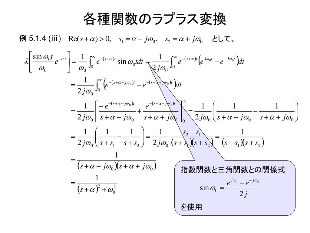 各種関数のラプラス変換 例 (ⅲ) として、 指数関数と三角関数との関係式 を使用