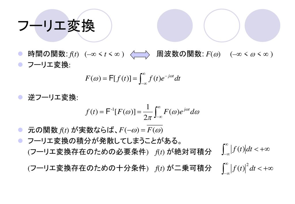 フーリエ変換 時間の関数: f(t) (– < t <  ) 周波数の関数: F(w) (– < w <  ) フーリエ変換: 逆フーリエ変換: