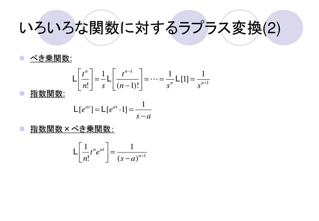 いろいろな関数に対するラプラス変換(2) べき乗関数: 指数関数: 指数関数×べき乗関数：