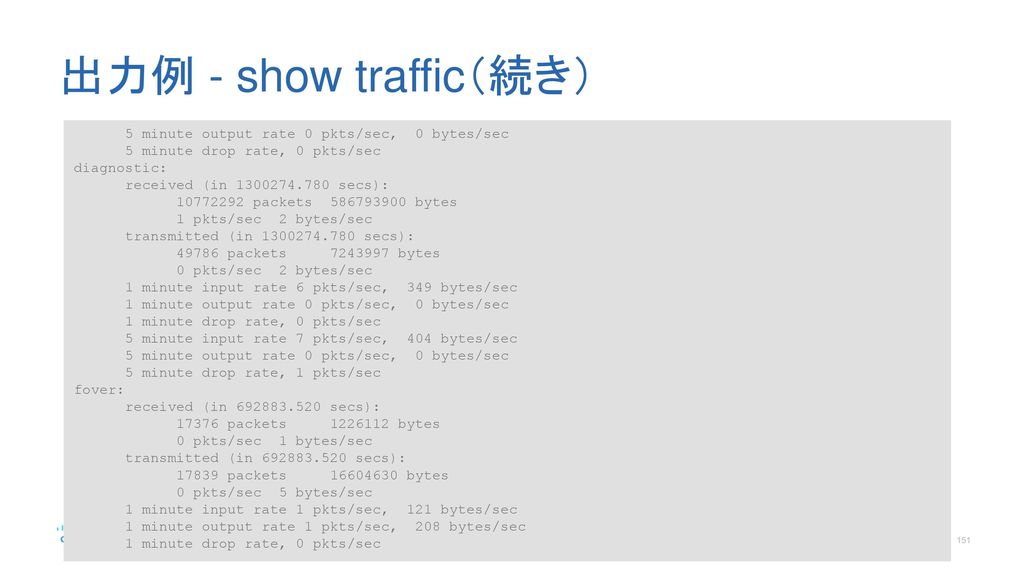出力例 - show traffic（続き） 5 minute output rate 0 pkts/sec, 0 bytes/sec