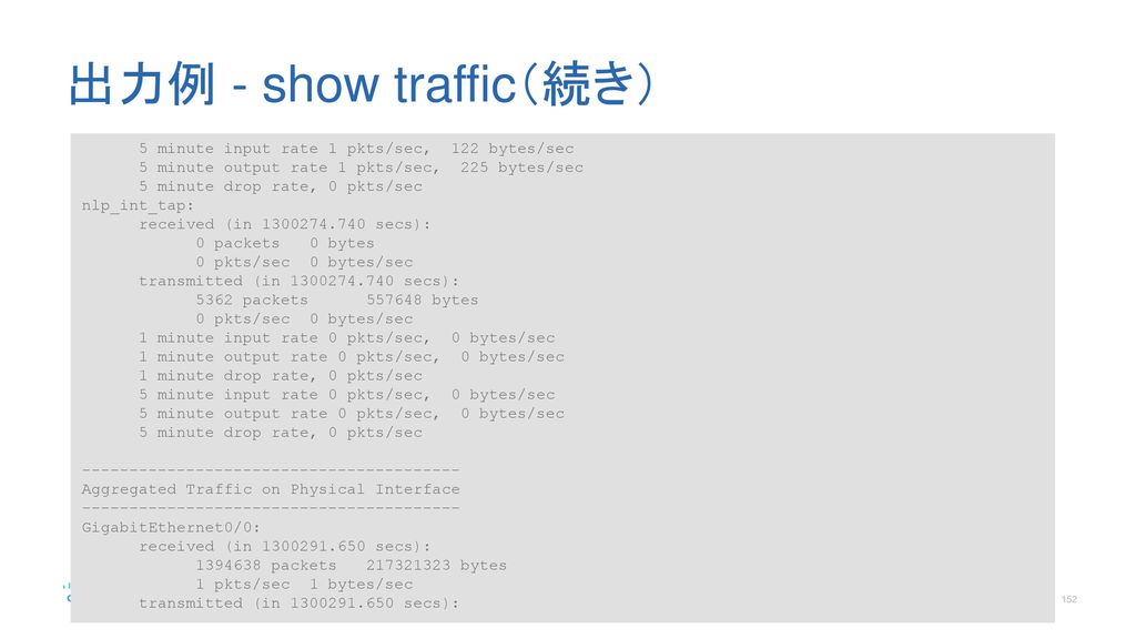 出力例 - show traffic（続き） 5 minute input rate 1 pkts/sec, 122 bytes/sec