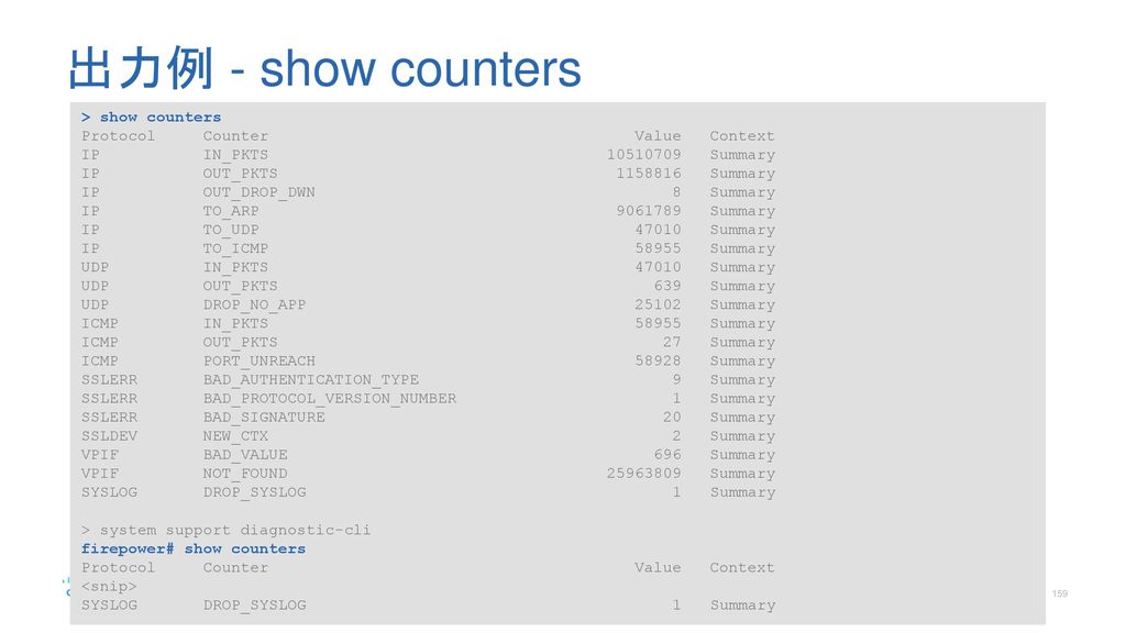 出力例 - show counters > show counters Protocol Counter Value Context