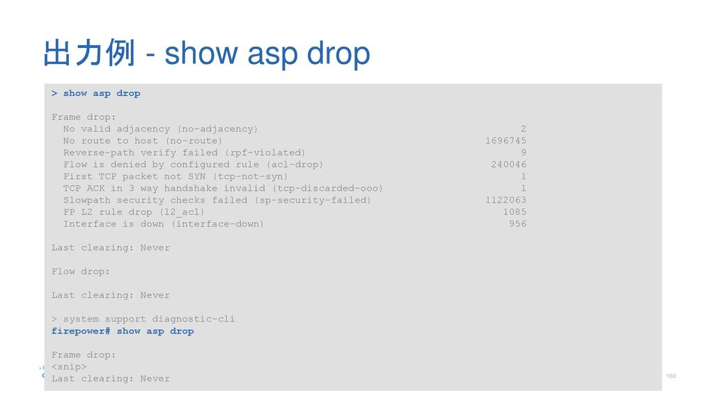 出力例 - show asp drop > show asp drop Frame drop: