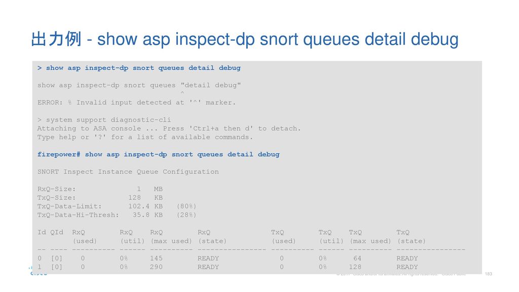 出力例 - show asp inspect-dp snort queues detail debug