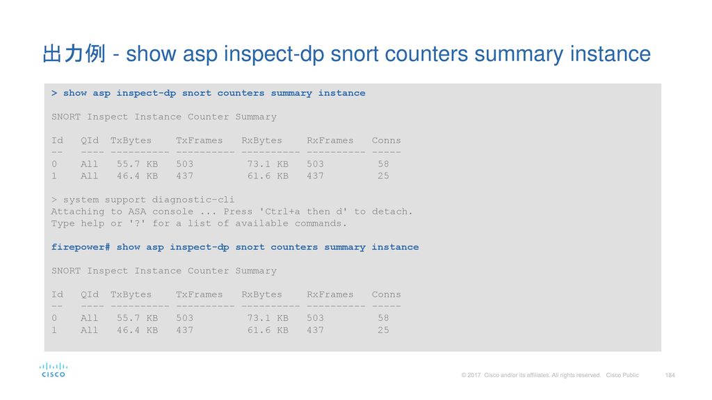 出力例 - show asp inspect-dp snort counters summary instance