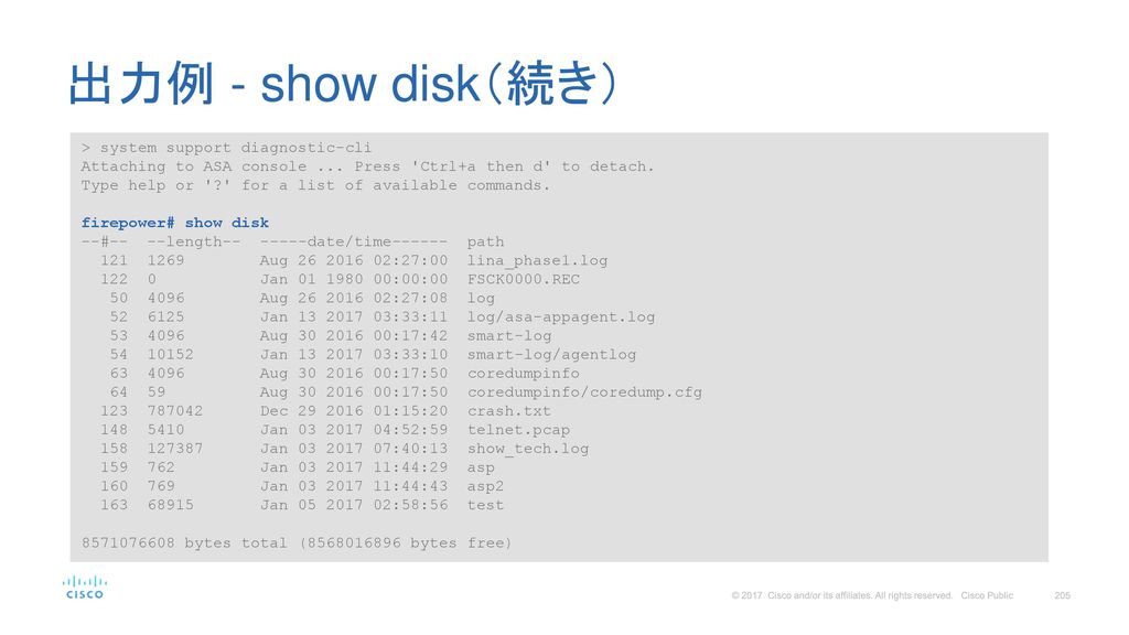 出力例 - show disk（続き） > system support diagnostic-cli