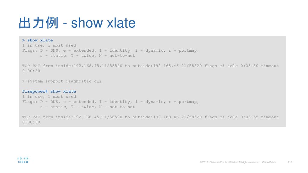 出力例 - show xlate > show xlate 1 in use, 1 most used