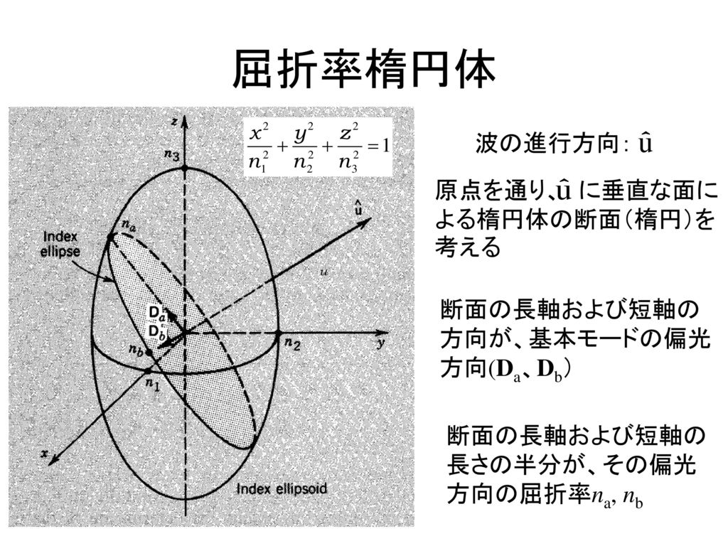 屈折率楕円体 波の進行方向： 原点を通り、 に垂直な面による楕円体の断面（楕円）を考える 断面の長軸および短軸の 方向が、基本モードの偏光