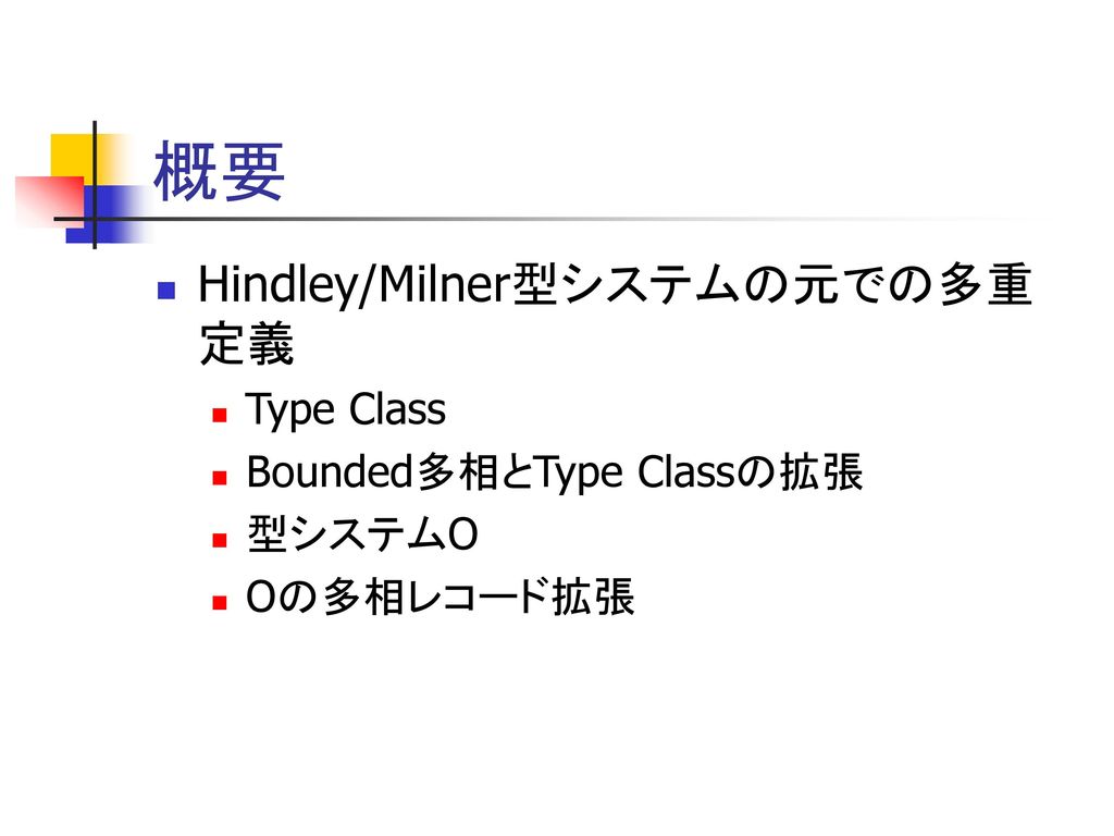 概要 Hindley/Milner型システムの元での多重定義 Type Class Bounded多相とType Classの拡張
