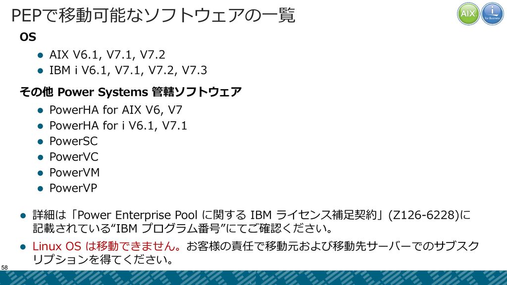 PEPで移動可能なソフトウェアの一覧 OS AIX V6.1, V7.1, V7.2