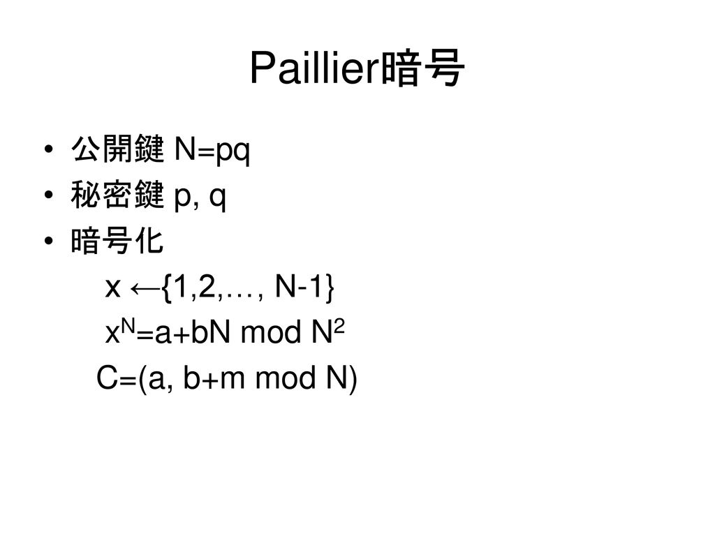 Paillier暗号 公開鍵 N=pq 秘密鍵 p, q 暗号化 x ←{1,2,…, N-1} xN=a+bN mod N2
