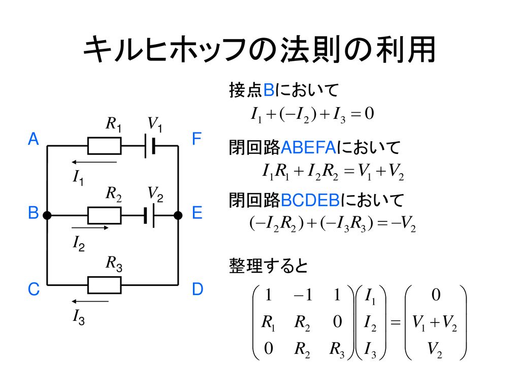 キルヒホッフの法則の利用 接点Bにおいて I1 I2 R1 R3 R2 V1 V2 I3 A B C F E D 閉回路ABEFAにおいて