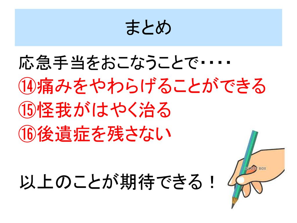 応急手当の方法を知ろう 今日は日常的なけがや 倒れている人がいたときの応急手当 について学習しましょう Ppt Download