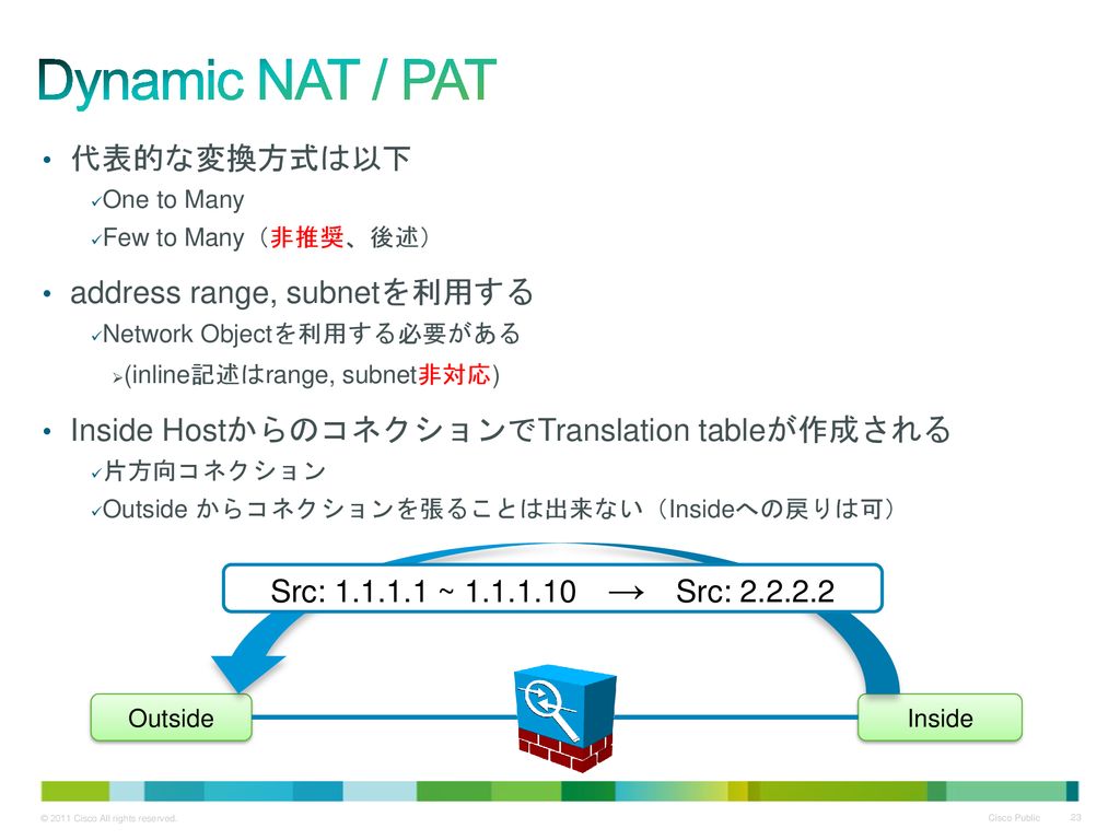 Dynamic NAT / PAT 代表的な変換方式は以下 address range, subnetを利用する